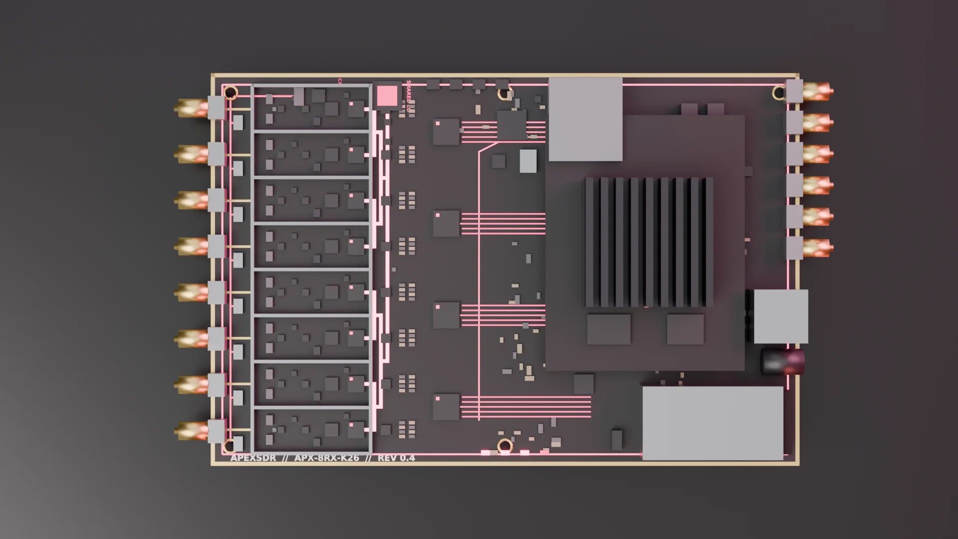Top-down rendering of the ApexSDR Rev 0.4 board layout: eight RF channel slices, shared-LO distribution tree, four quad ADCs, and Kria K26 module